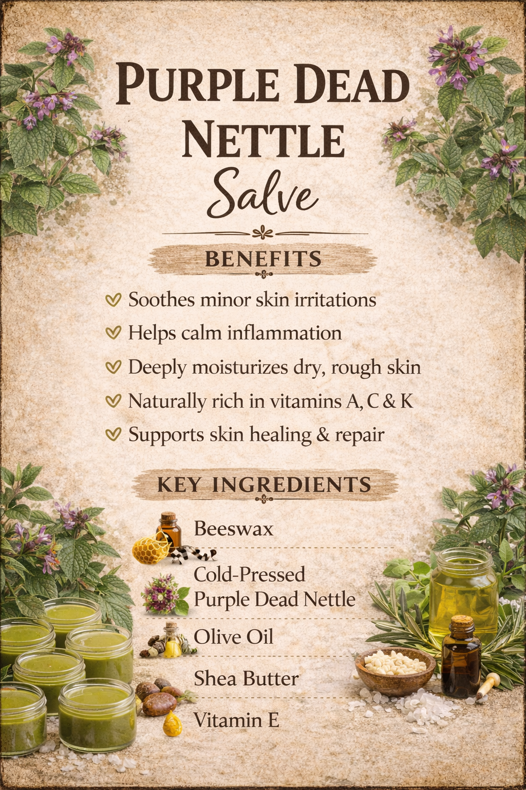 Purple Dead Nettle Salve For Cuts Sores Infections Bug Bites Wounds